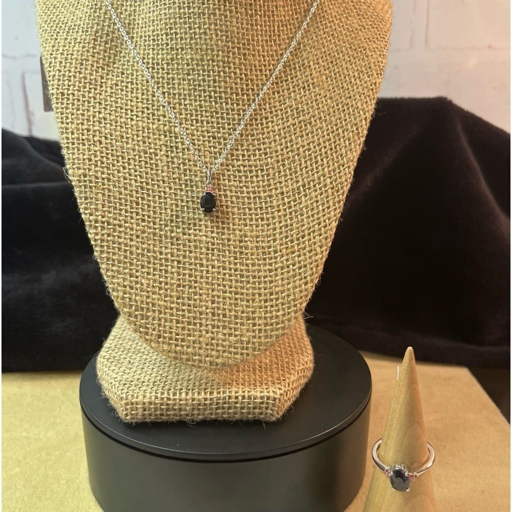 Midnight And Pink Sapphire Ring 8 And Pendant Necklace 18” Set